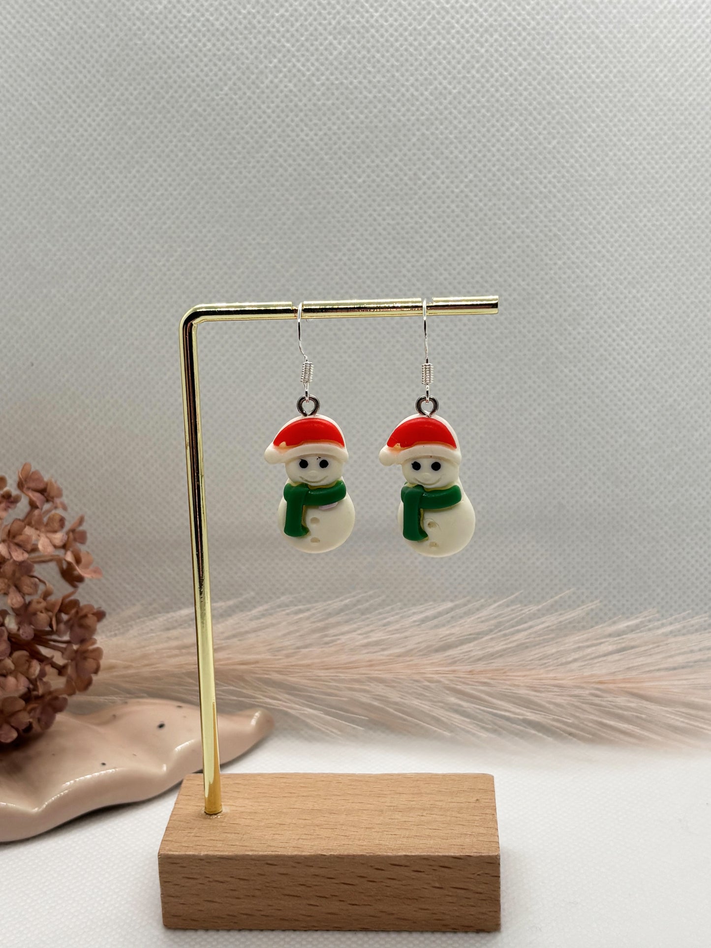 Green Scarf Snowman Earrings