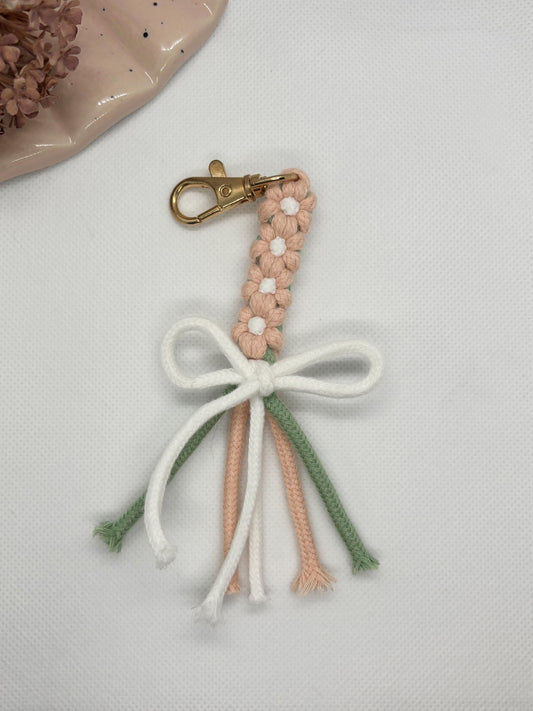 Pink Flower Bow Macrame Keychain