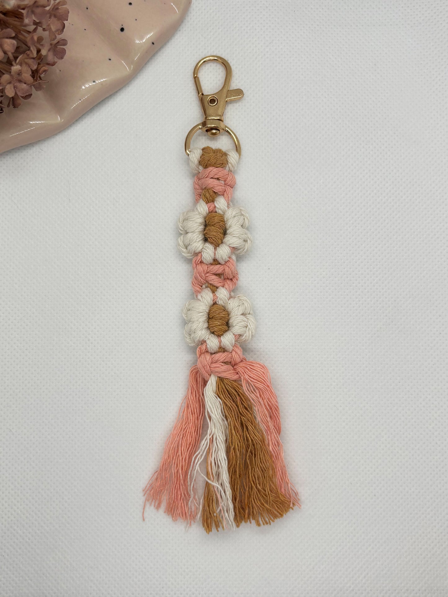 Pink Flower Macrame Keychain