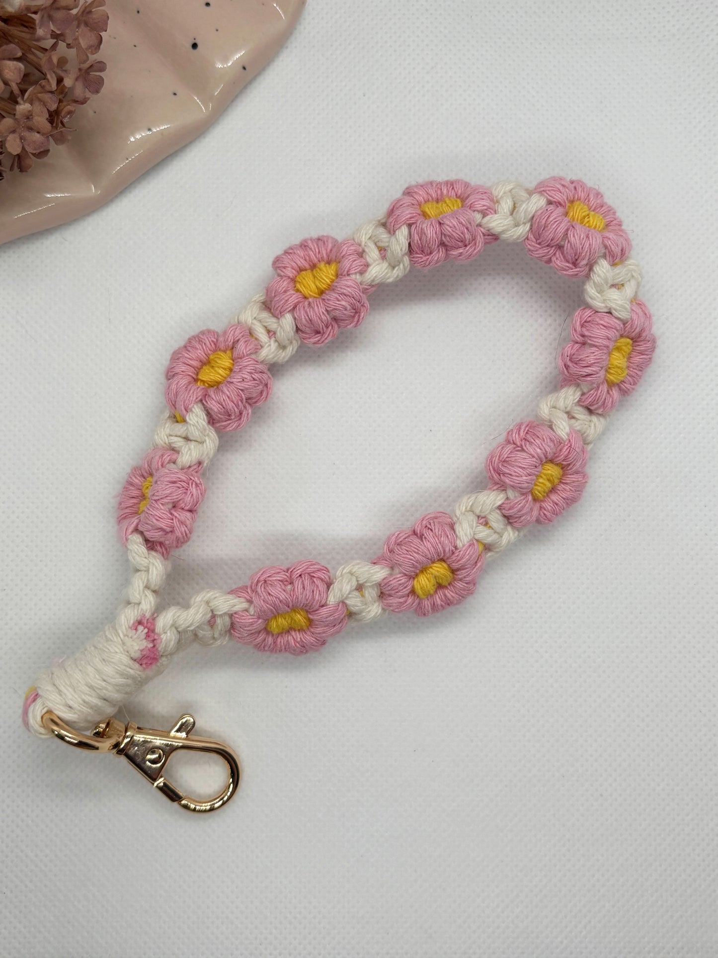 Pink Macrame Flower Wristlet