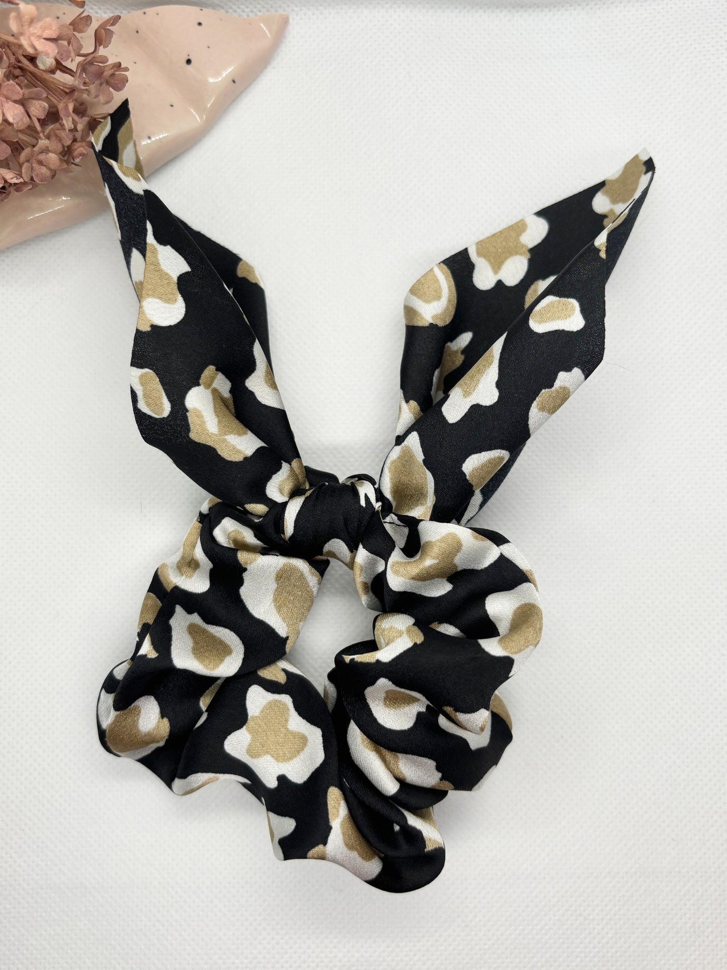 White and Beige Printed Bow Scrunchies